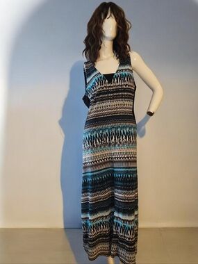 Chaus Sleeveless Black & Teal Patterned Maxi Dres Size L Geometric Pattern